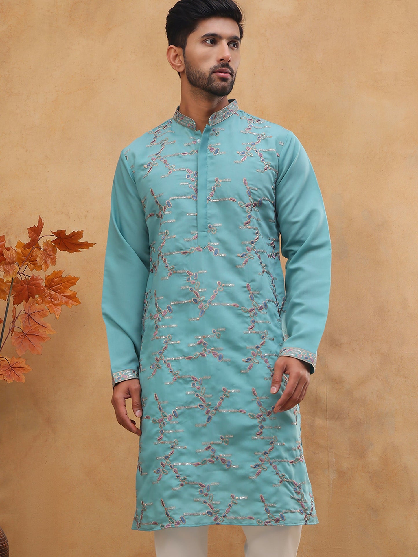 Embroidered Silk Blend Kurta (65KO 5407 Sky ) [FF] [D-1]