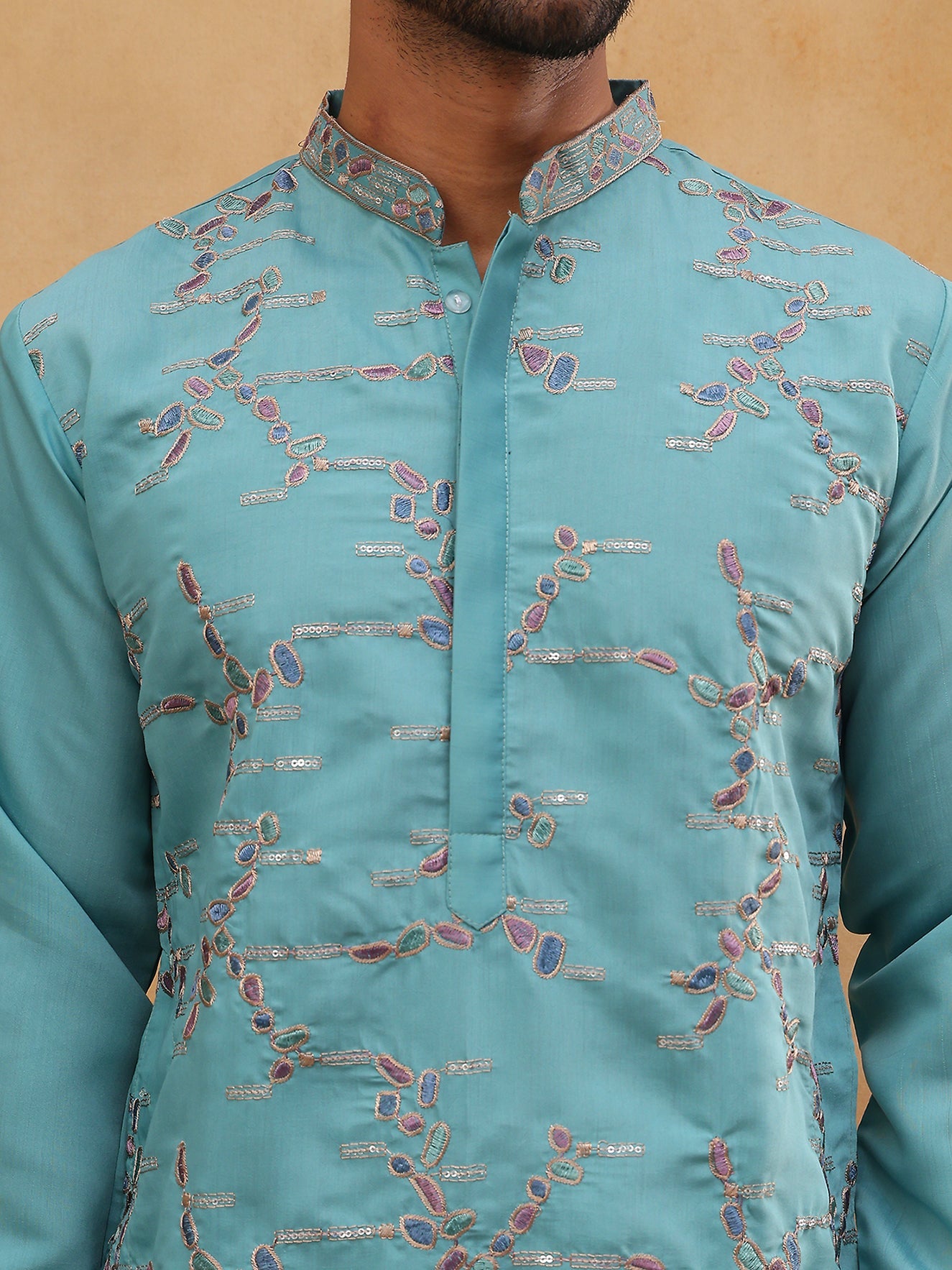Embroidered Silk Blend Kurta (65KO 5407 Sky ) [FF] [D-1]