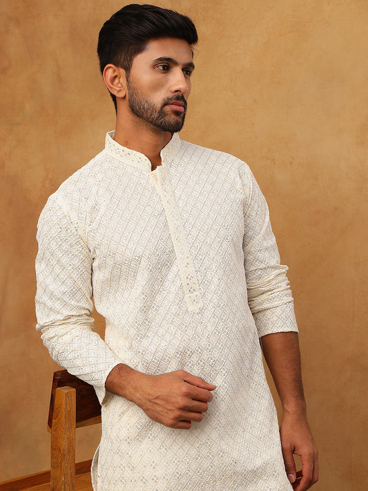 Men’s Ethnic Cotton Embroidered Kurta (65KO 5408 White ) [FF] [P-17-18]