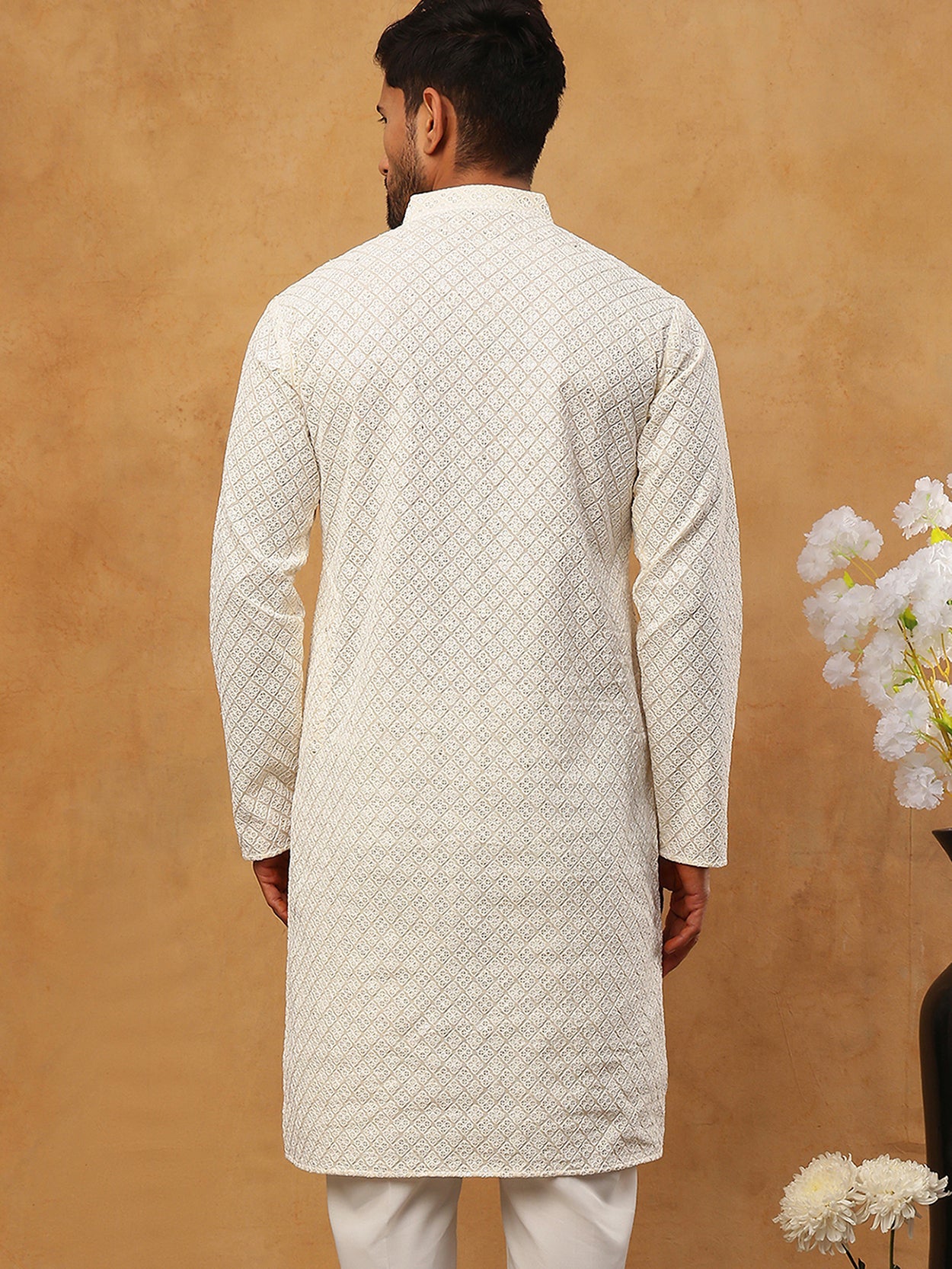 Men’s Ethnic Cotton Embroidered Kurta (65KO 5408 White ) [FF] [P-17-18]