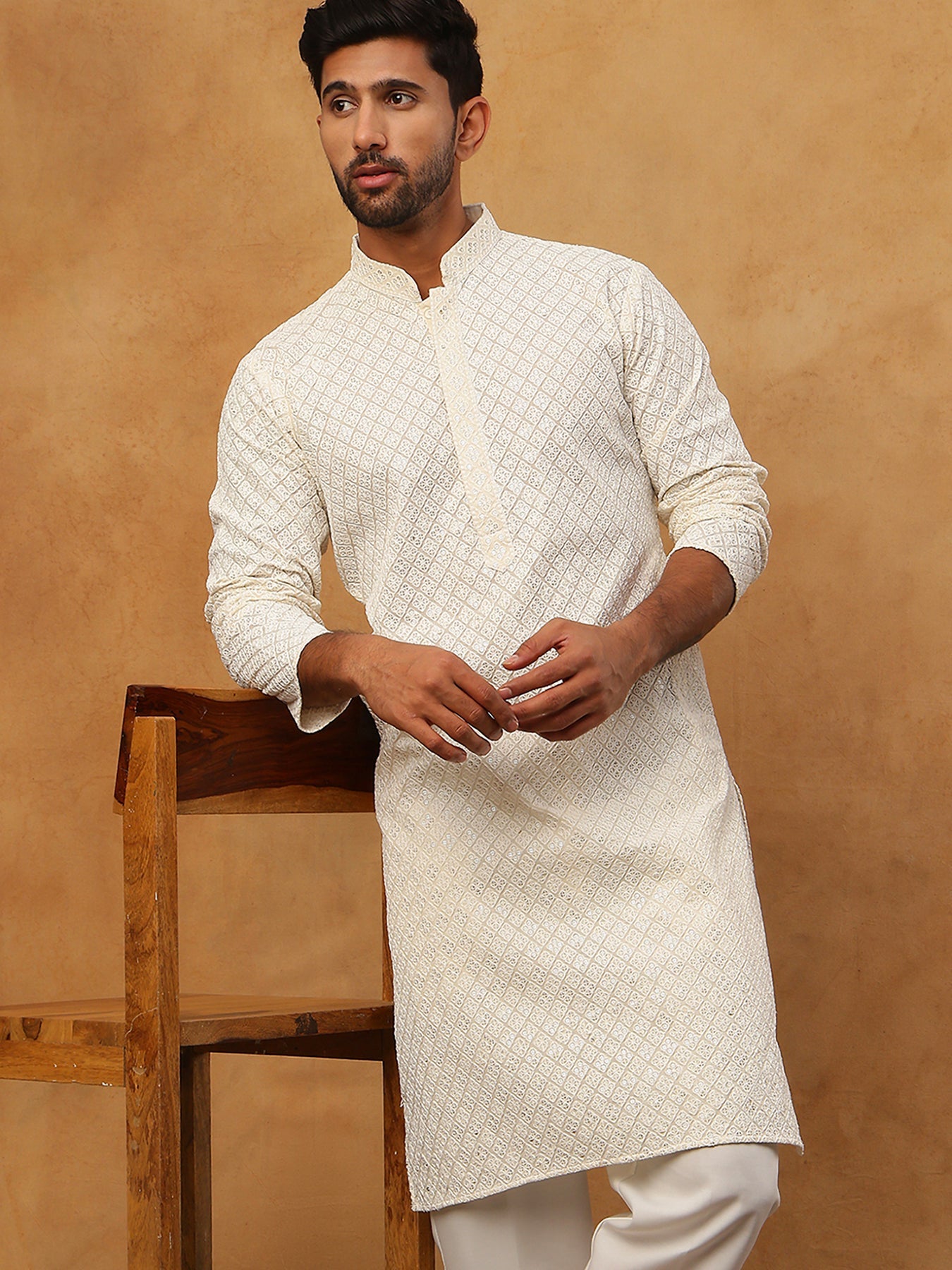 Men’s Ethnic Cotton Embroidered Kurta (65KO 5408 White ) [FF] [P-17-18]