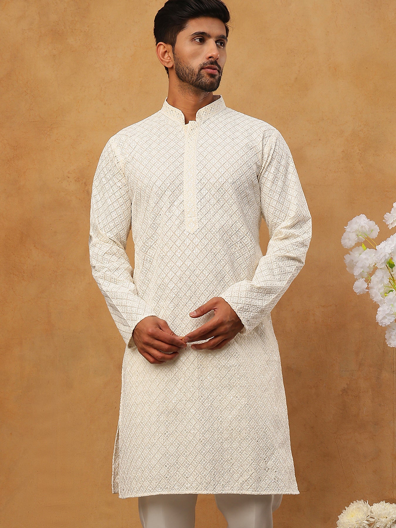 Men’s Ethnic Cotton Embroidered Kurta (65KO 5408 White ) [FF] [P-17-18]
