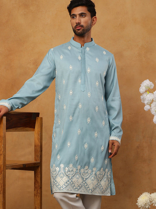 Traditional Silk Blend Embroidered Kurta (65KO 5411 Blue ) [FF] [F-2-3]