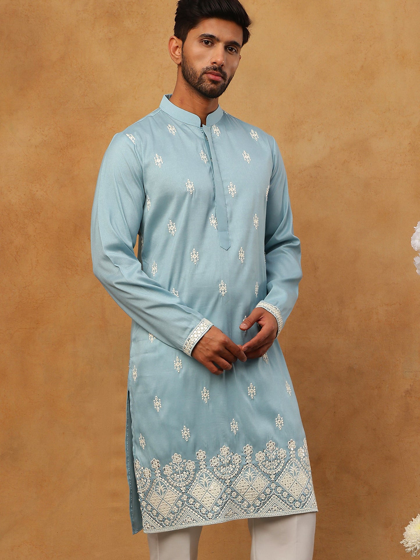 Traditional Silk Blend Embroidered Kurta (65KO 5411 Blue ) [FF] [F-2-3]