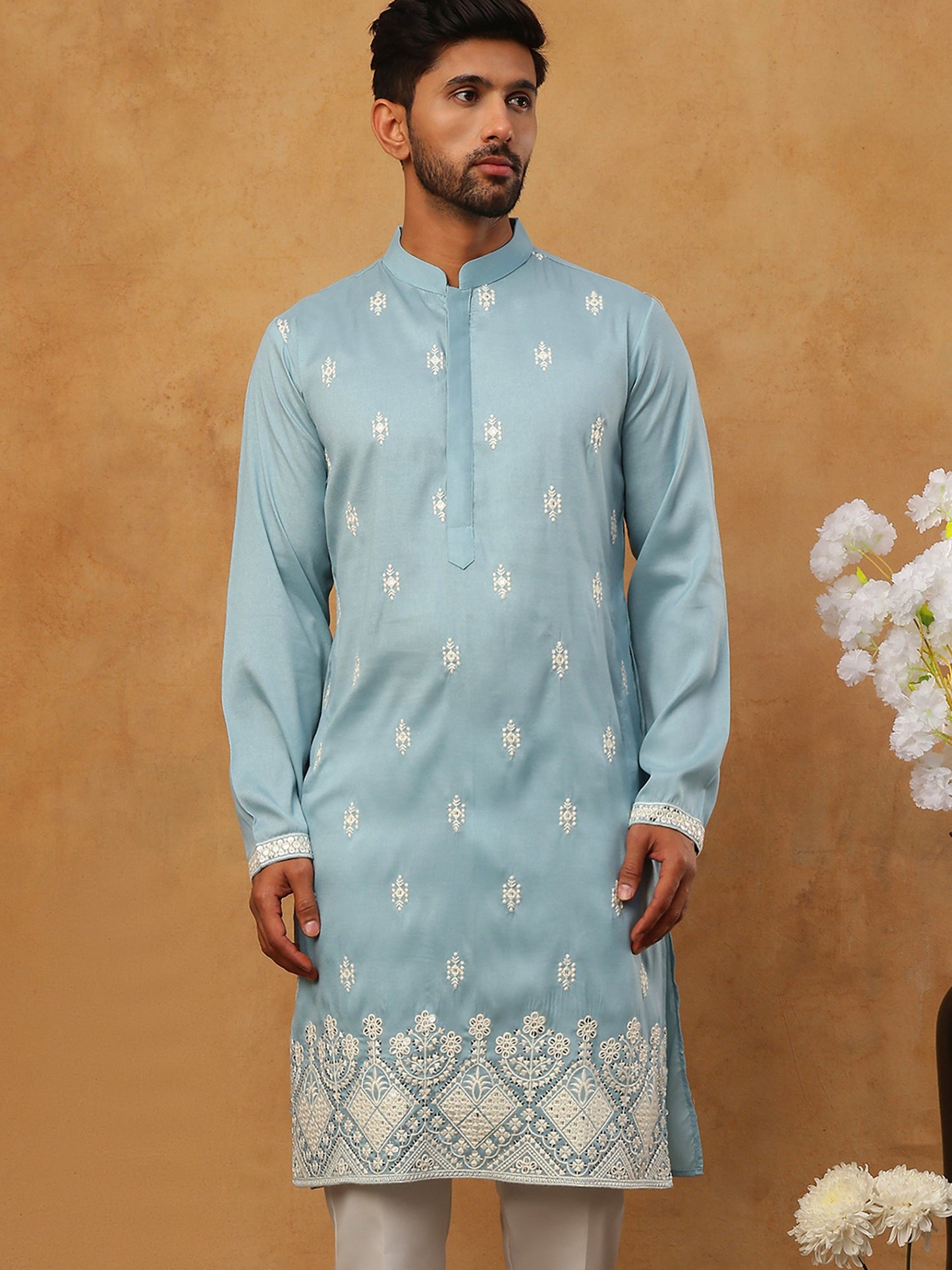 Traditional Silk Blend Embroidered Kurta (65KO 5411 Blue ) [FF] [F-2-3]