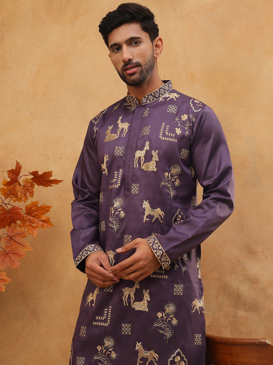 Men Silk Blend Kurta with Embroidery (65KO 5412 Purple ) [FF] [F-3]