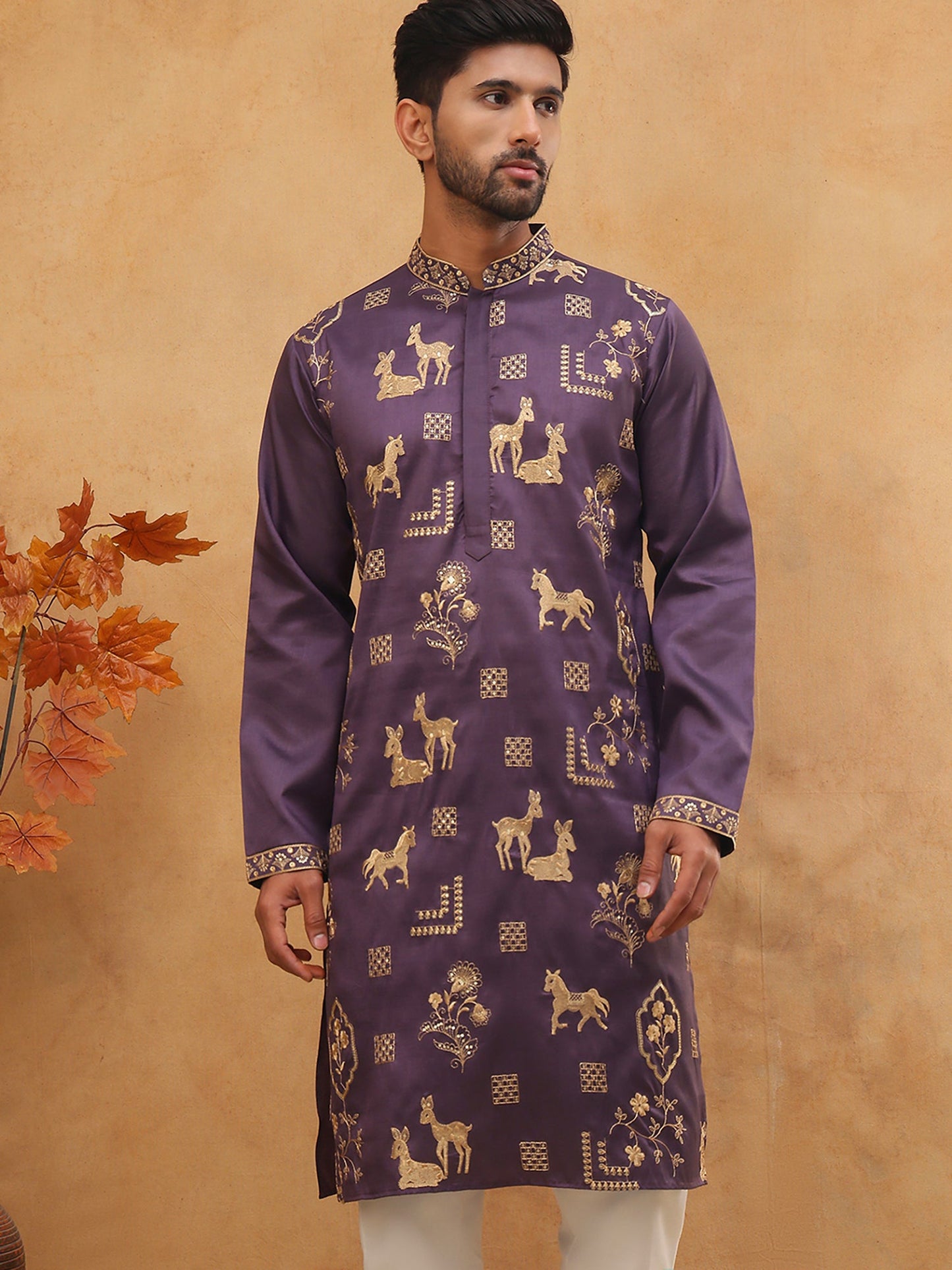 Men Silk Blend Kurta with Embroidery (65KO 5412 Purple ) [FF] [F-3]