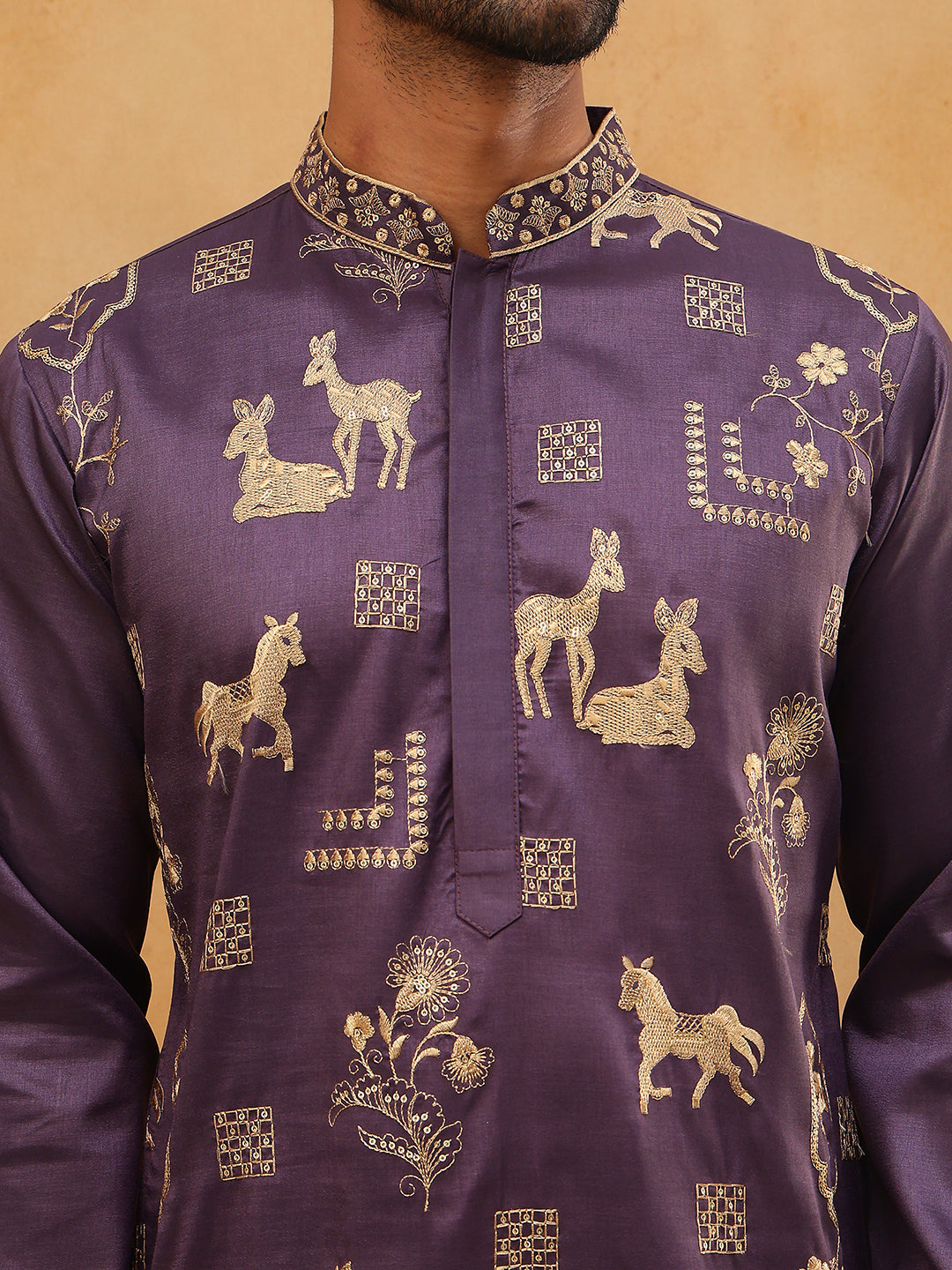 Men Silk Blend Kurta with Embroidery (65KO 5412 Purple ) [FF] [F-3]