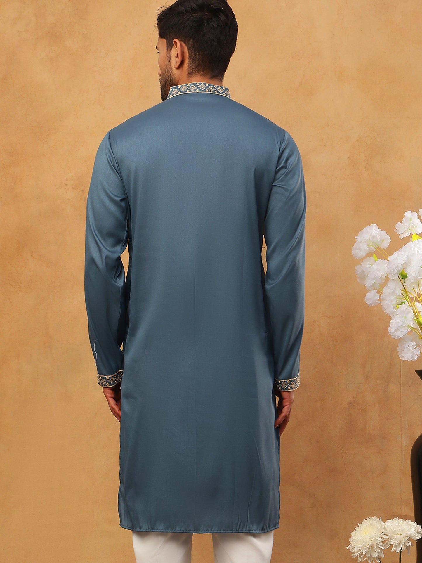 Men Silk Blend Kurta with Embroidery (65KO 5412 Teal ) [FF] [F-3]