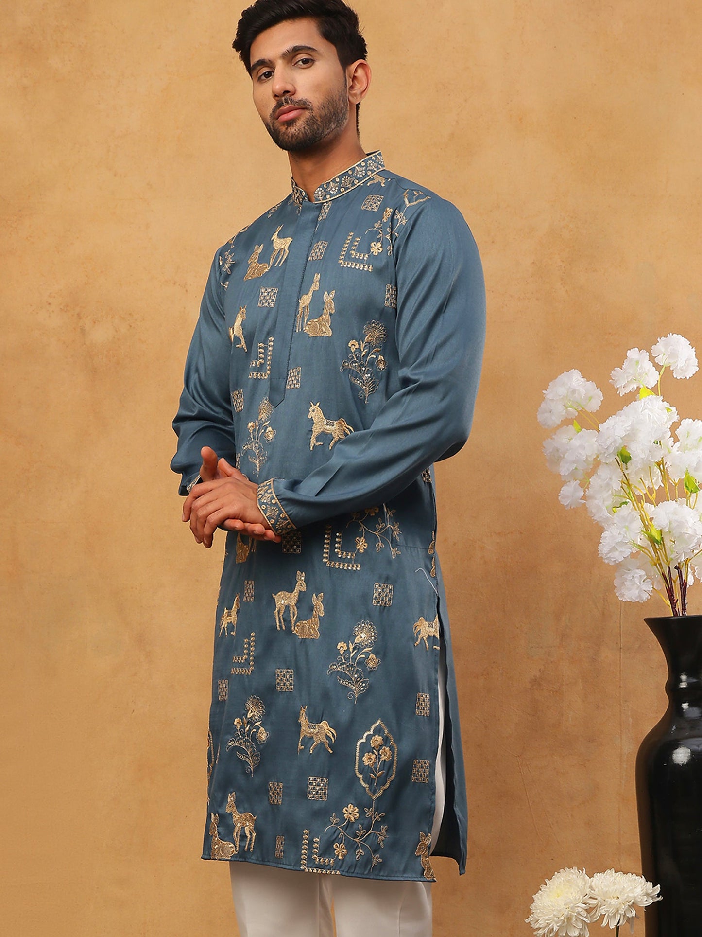 Men Silk Blend Kurta with Embroidery (65KO 5412 Teal ) [FF] [F-3]