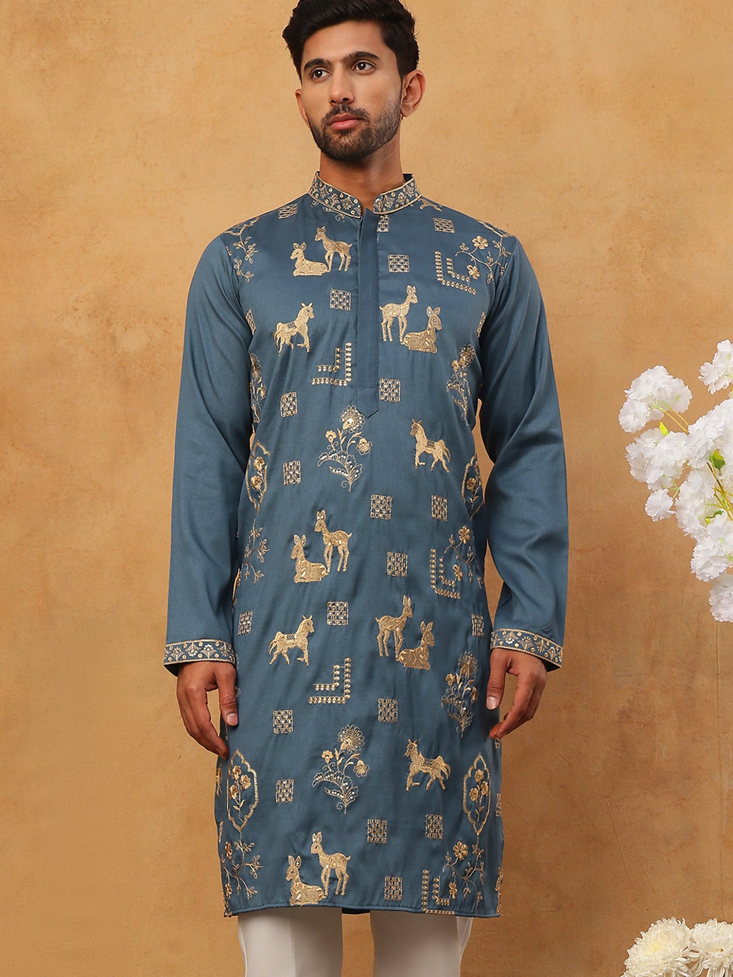 Men Silk Blend Kurta with Embroidery (65KO 5412 Teal ) [FF] [F-3]