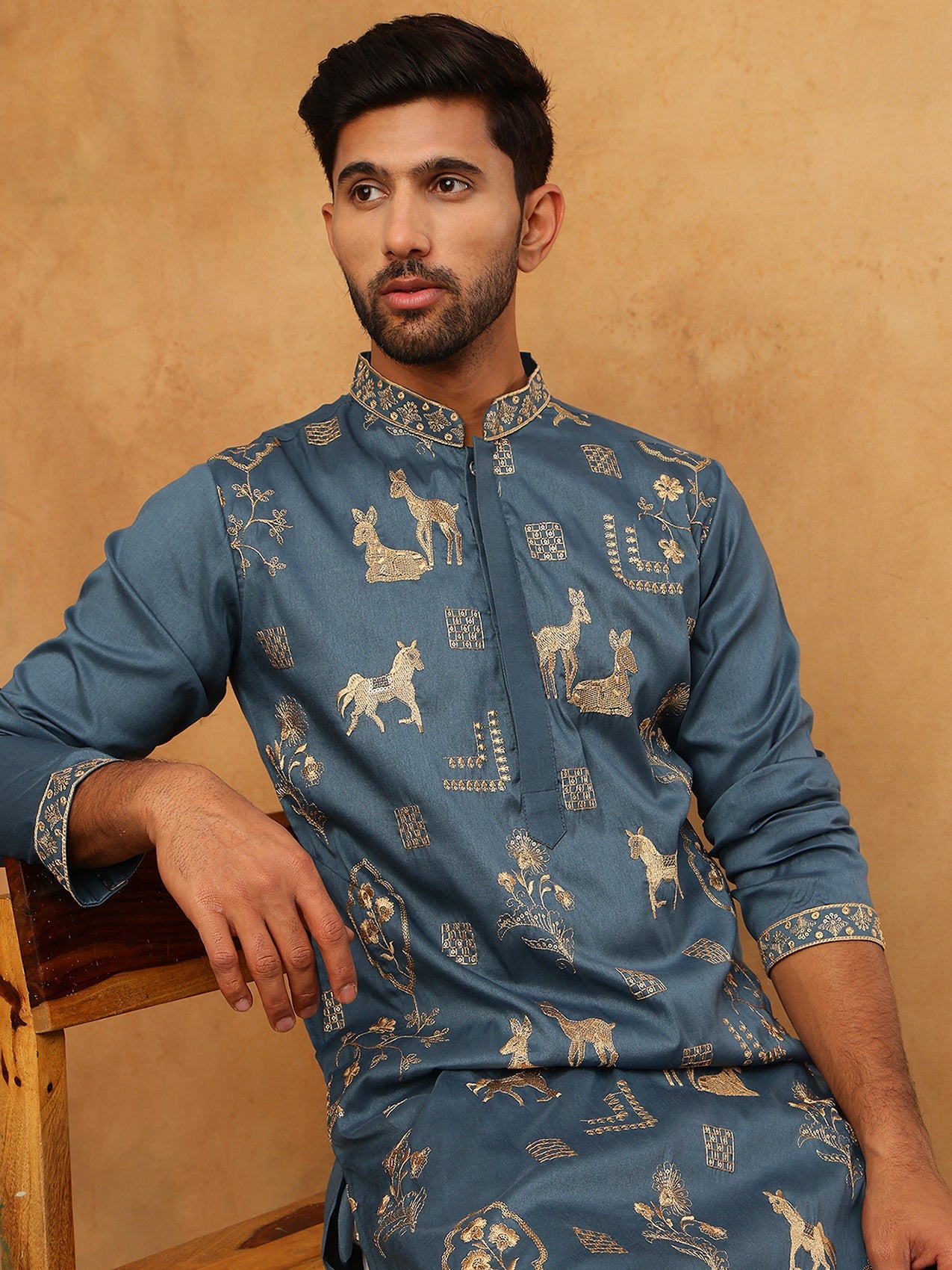 Men Silk Blend Kurta with Embroidery (65KO 5412 Teal ) [FF] [F-3]