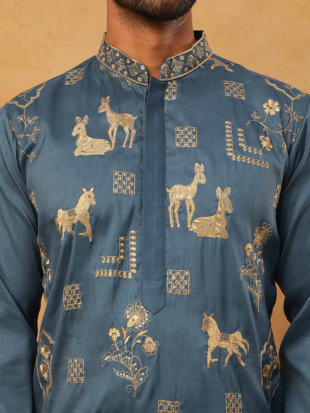 Men Silk Blend Kurta with Embroidery (65KO 5412 Teal ) [FF] [F-3]