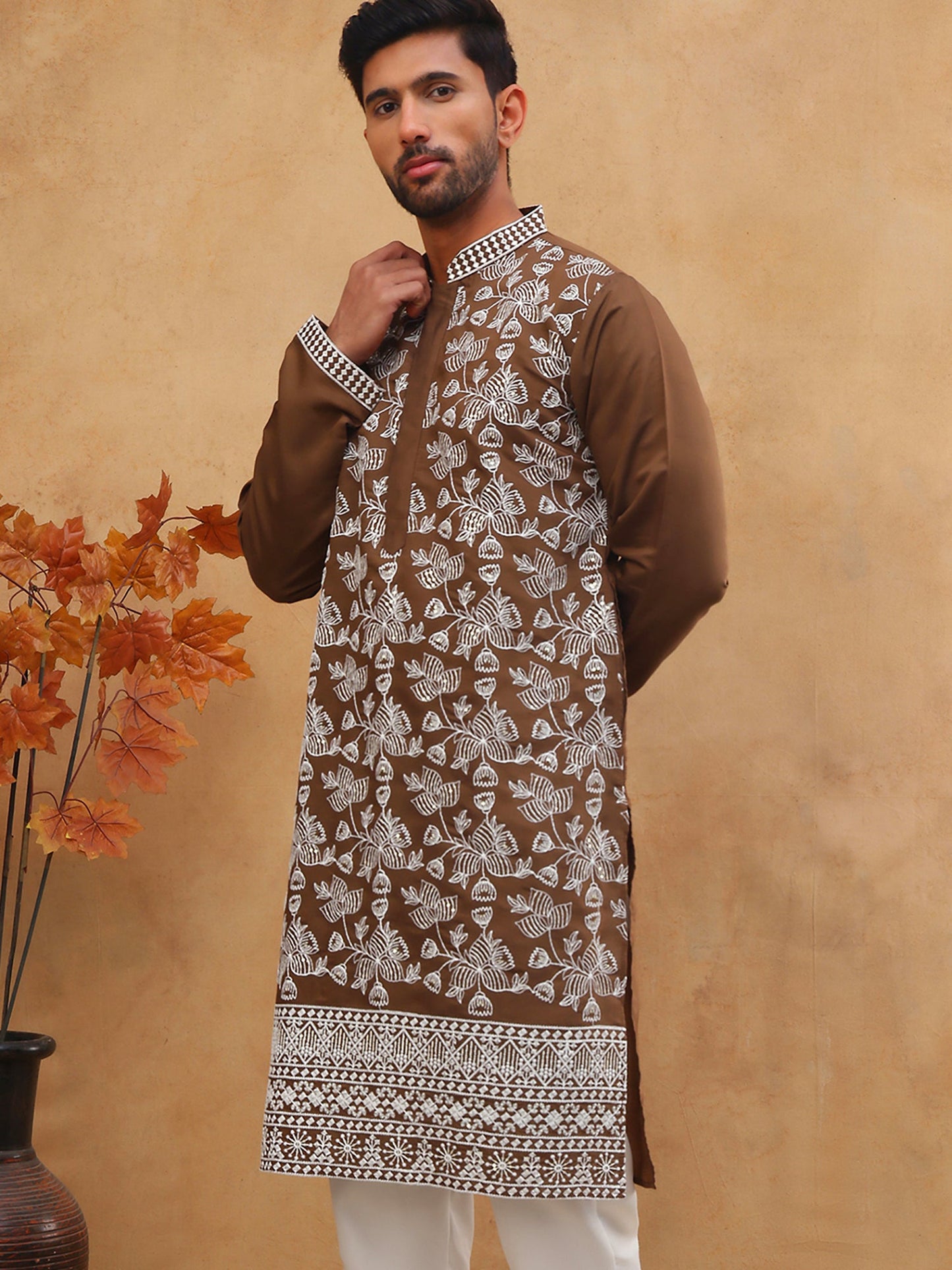 Men Ethnic Embroidered Kurta (65KO 5413 Brown ) [FF] [Q-11-14]