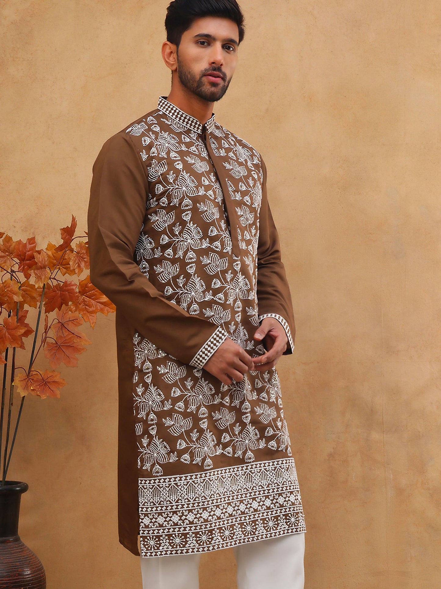 Men Ethnic Embroidered Kurta (65KO 5413 Brown ) [FF] [Q-11-14]