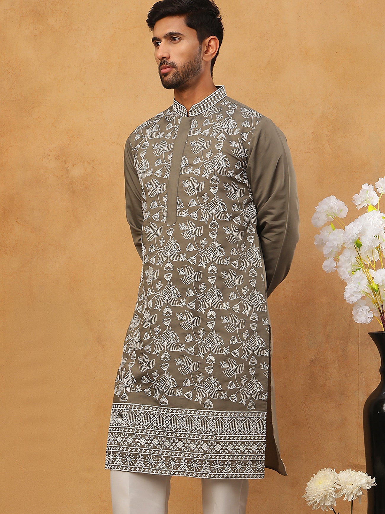 Men Ethnic Embroidered Kurta (65KO 5413 Grey ) [FF] [Q-11-14]