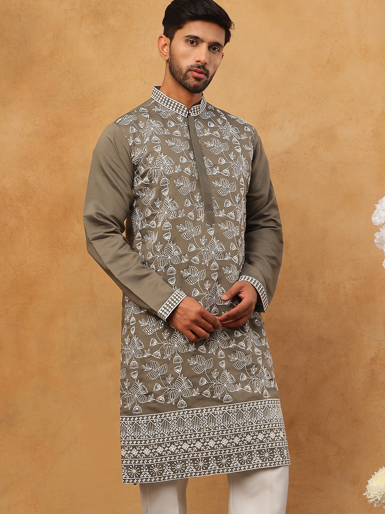 Men Ethnic Embroidered Kurta (65KO 5413 Grey ) [FF] [Q-11-14]