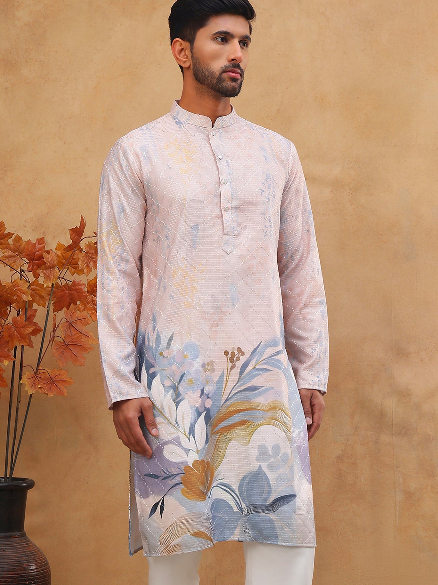 Printed Cotton Blend Kurta with Thread Work (65KO 5414 Peach ) [FF] [A-1-4]