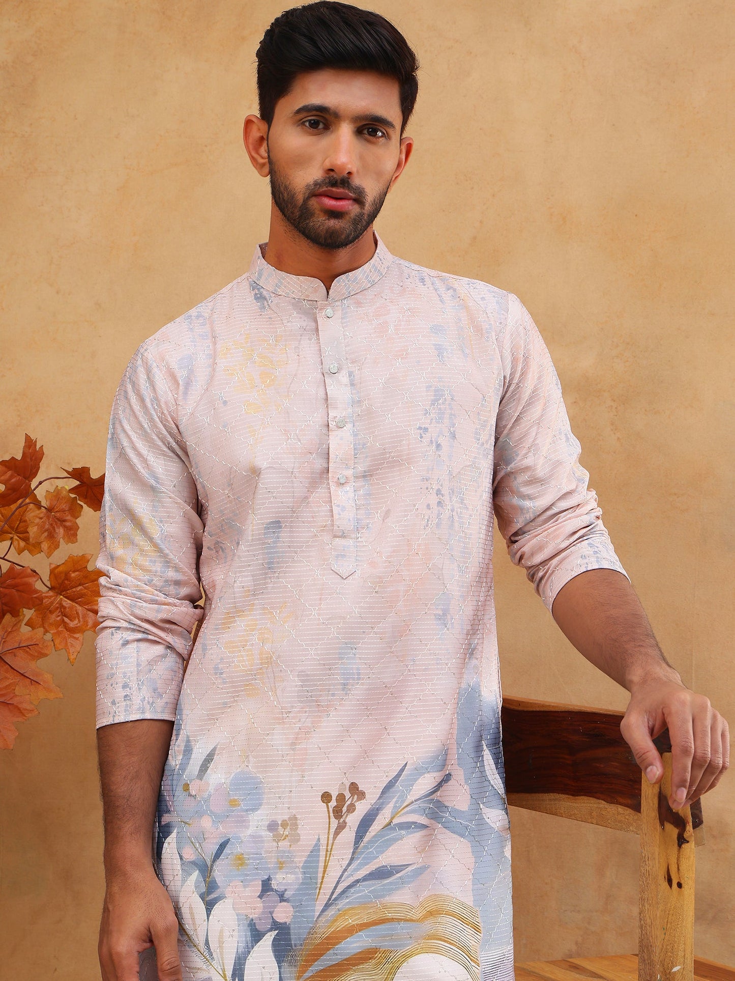 Printed Cotton Blend Kurta with Thread Work (65KO 5414 Peach ) [FF] [A-1-4]