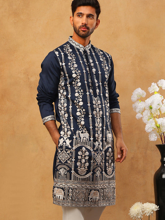Men Silk Blend Embroidered Kurta (65KO 5415 Navy ) [FF] [B-1-2]