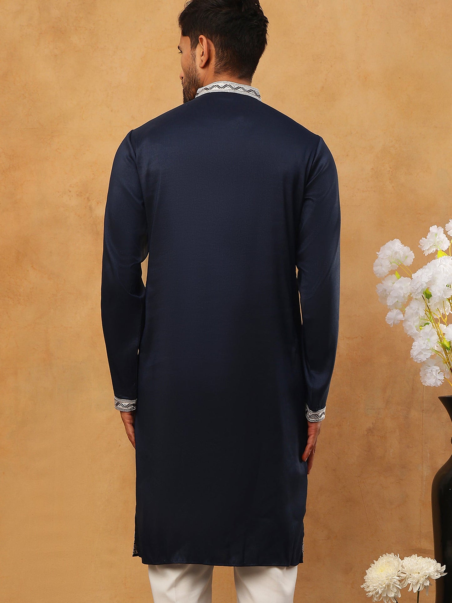 Men Silk Blend Embroidered Kurta (65KO 5415 Navy ) [FF] [B-1-2]