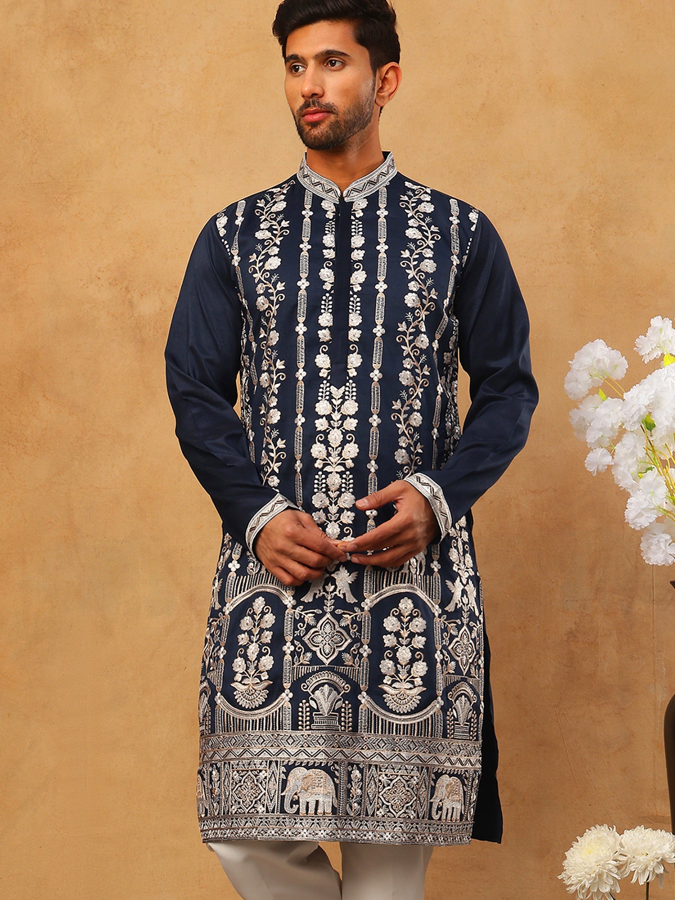 Men Silk Blend Embroidered Kurta (65KO 5415 Navy ) [FF] [B-1-2]
