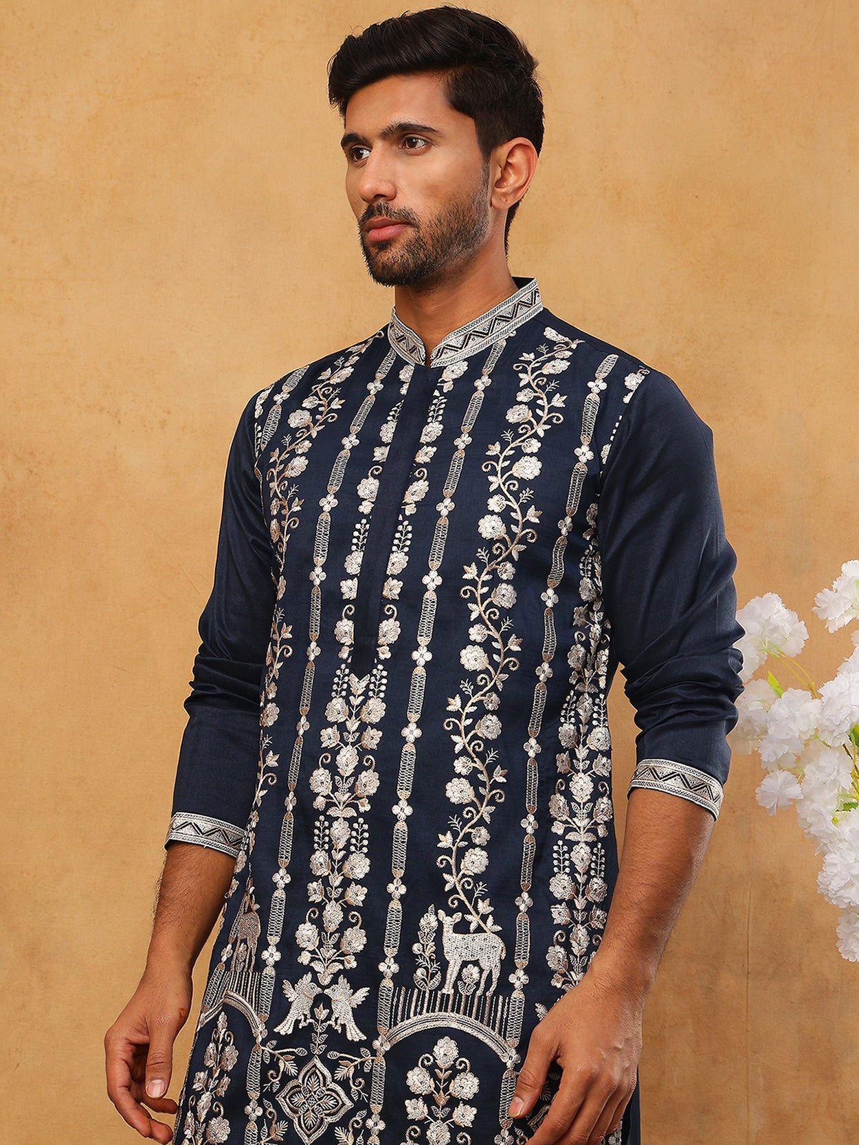 Men Silk Blend Embroidered Kurta (65KO 5415 Navy ) [FF] [B-1-2]