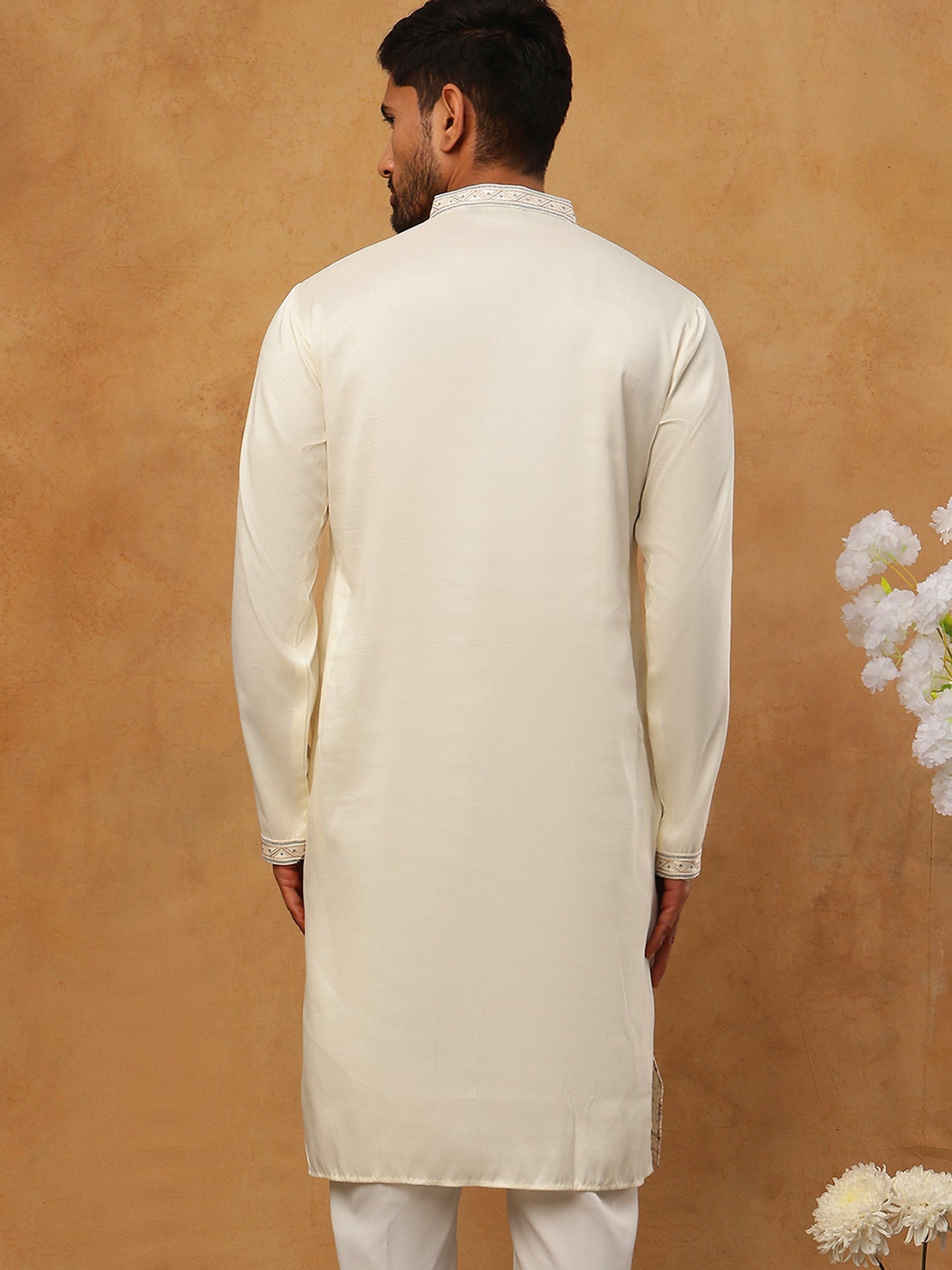 Men Silk Blend Embroidered Kurta (65KO 5415 White ) [FF] [B-1-2]