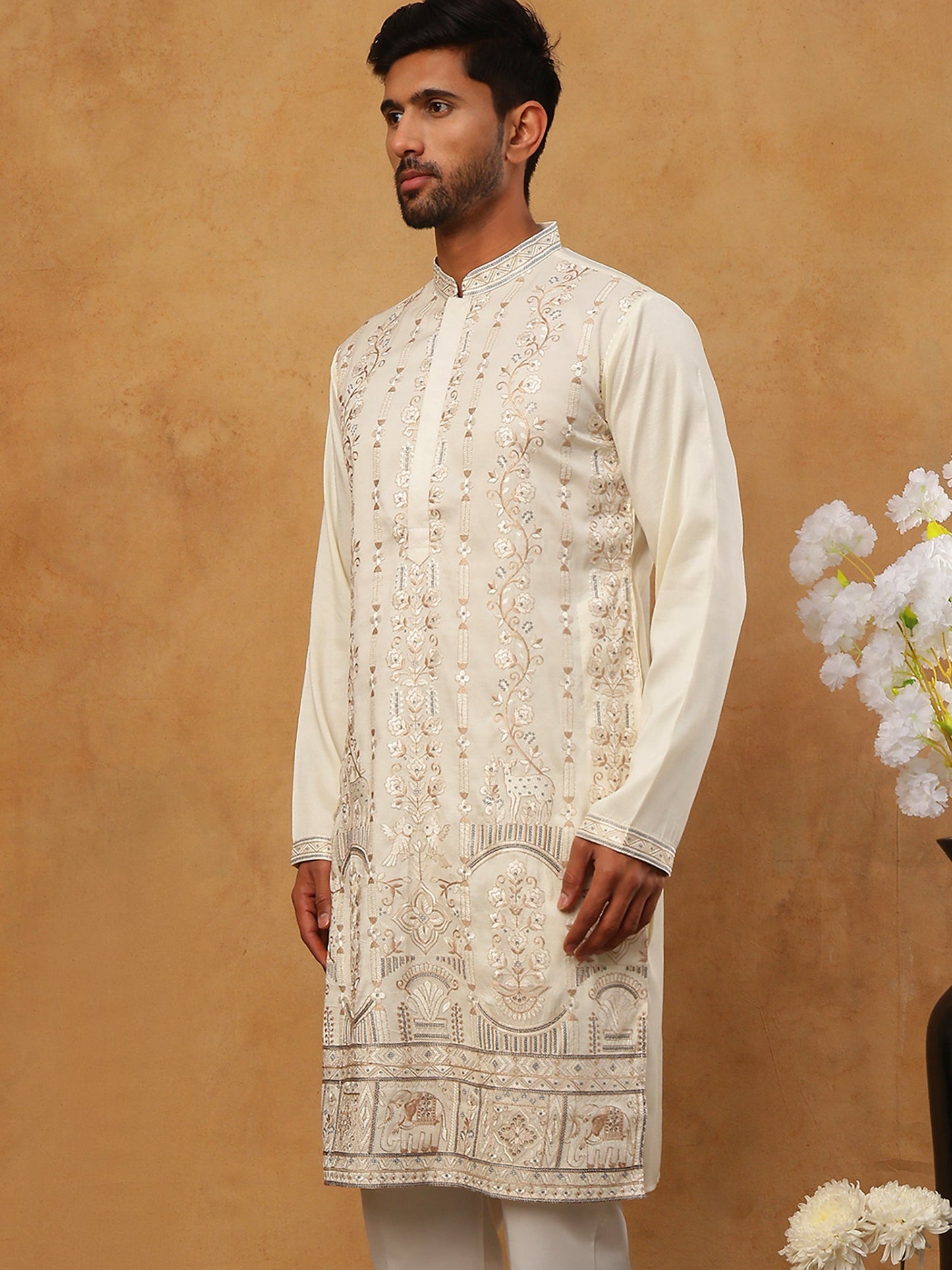 Men Silk Blend Embroidered Kurta (65KO 5415 White ) [FF] [B-1-2]