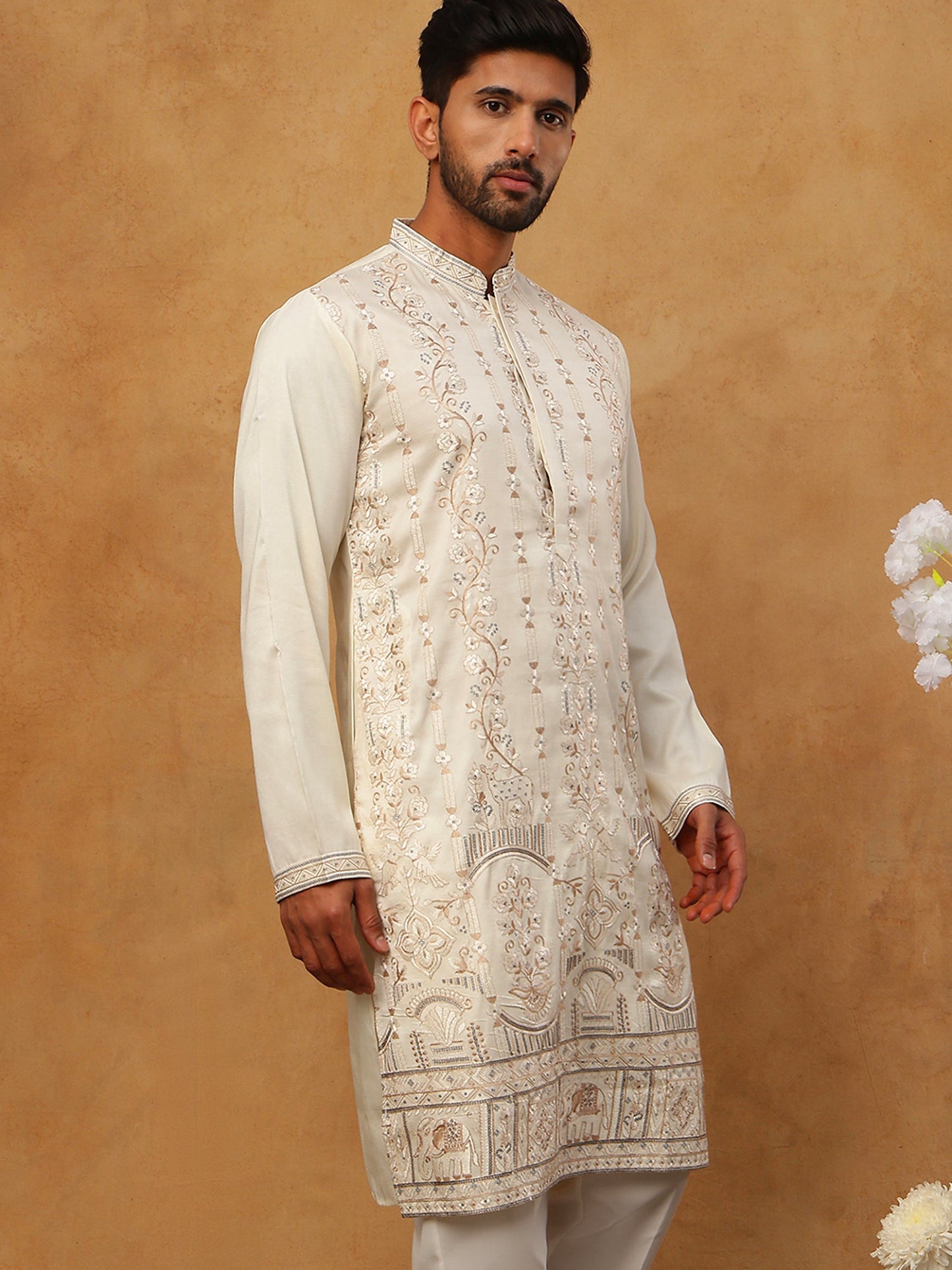 Men Silk Blend Embroidered Kurta (65KO 5415 White ) [FF] [B-1-2]