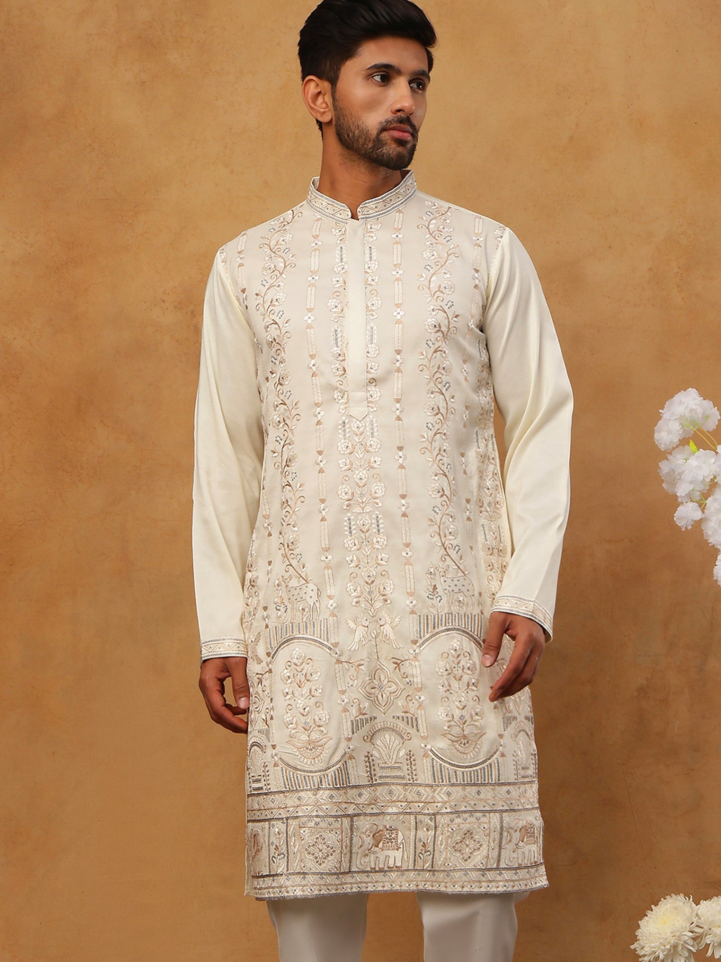 Men Silk Blend Embroidered Kurta (65KO 5415 White ) [FF] [B-1-2]
