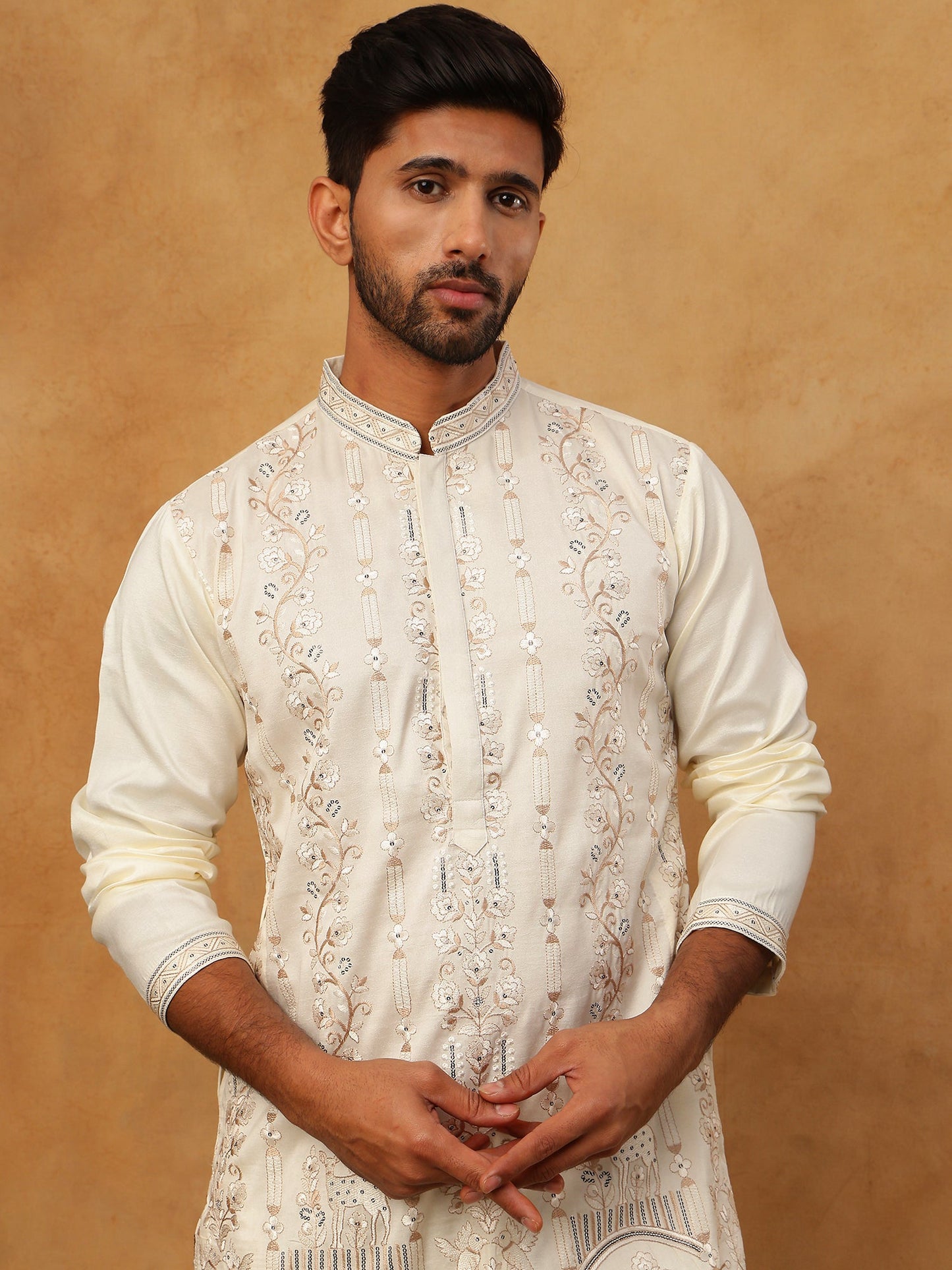 Men Silk Blend Embroidered Kurta (65KO 5415 White ) [FF] [B-1-2]