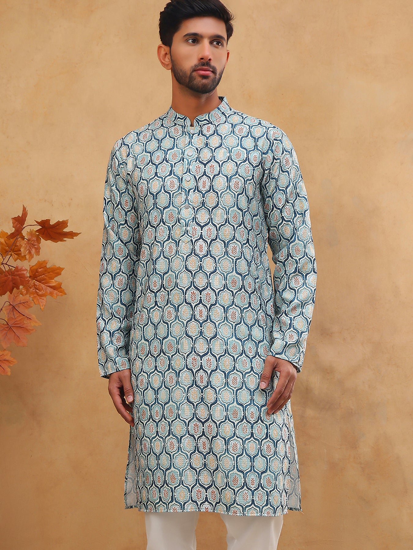 Printed Cotton Blend Kurta with Thread Work (65KO 5416 Blue ) [FF] [J-1]