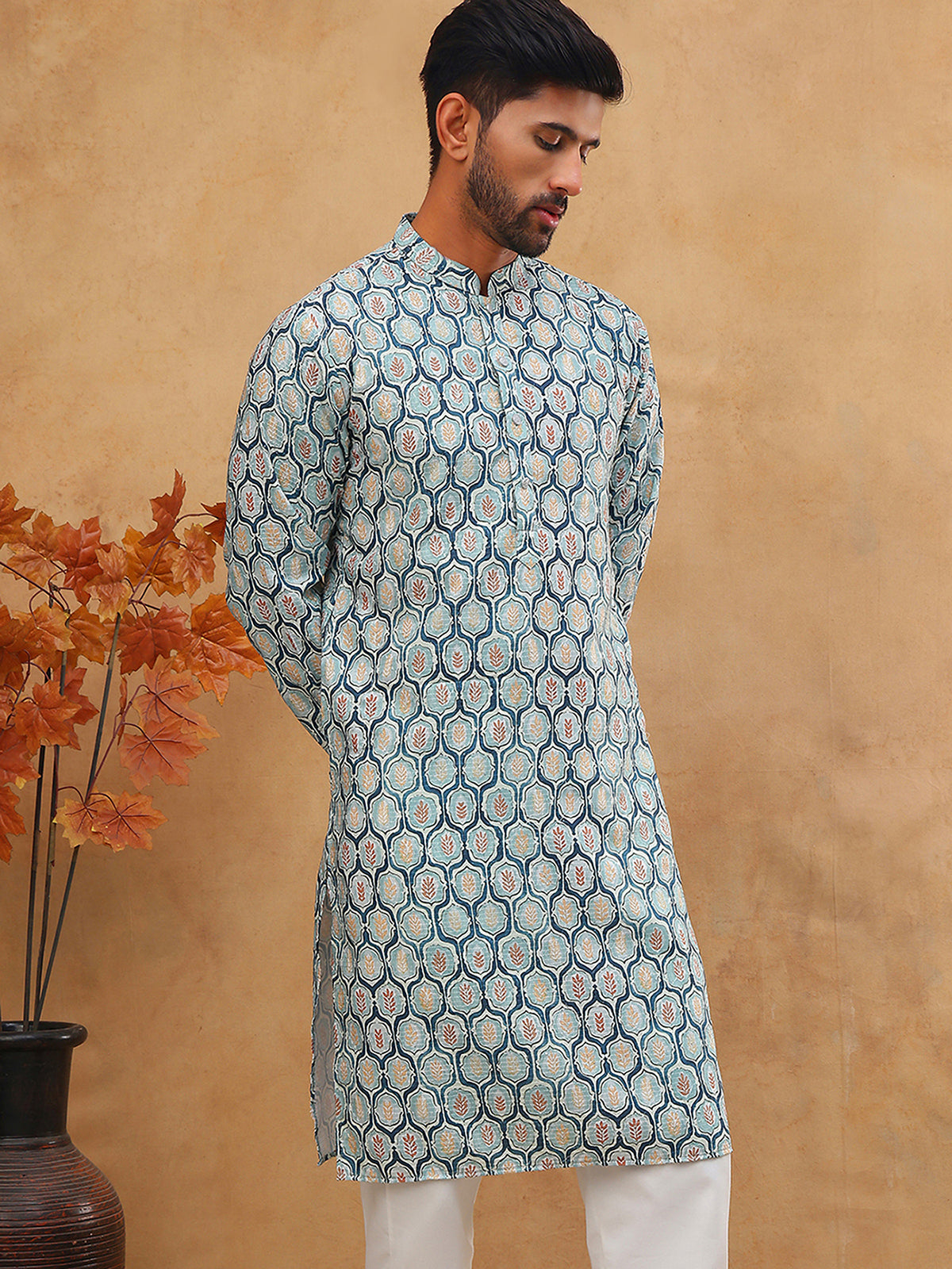 Printed Cotton Blend Kurta with Thread Work (65KO 5416 Blue ) [FF] [J-1]