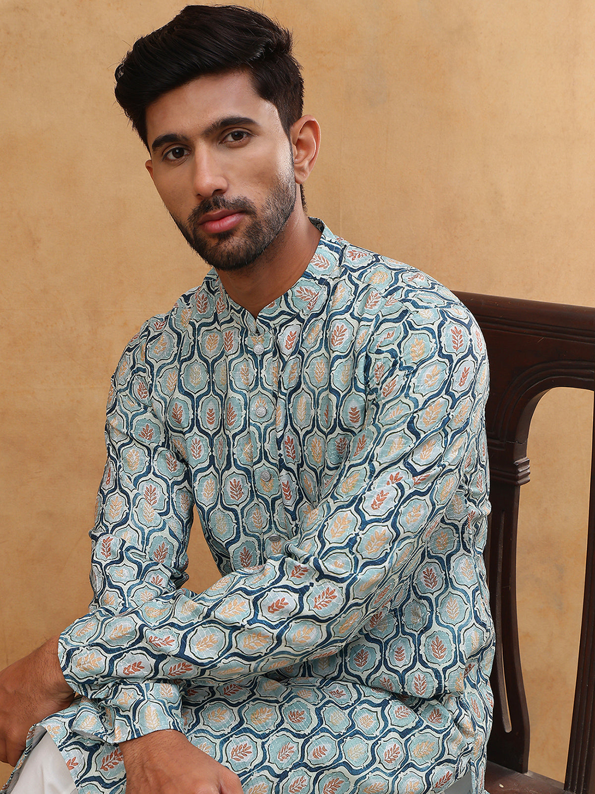 Printed Cotton Blend Kurta with Thread Work (65KO 5416 Blue ) [FF] [J-1]