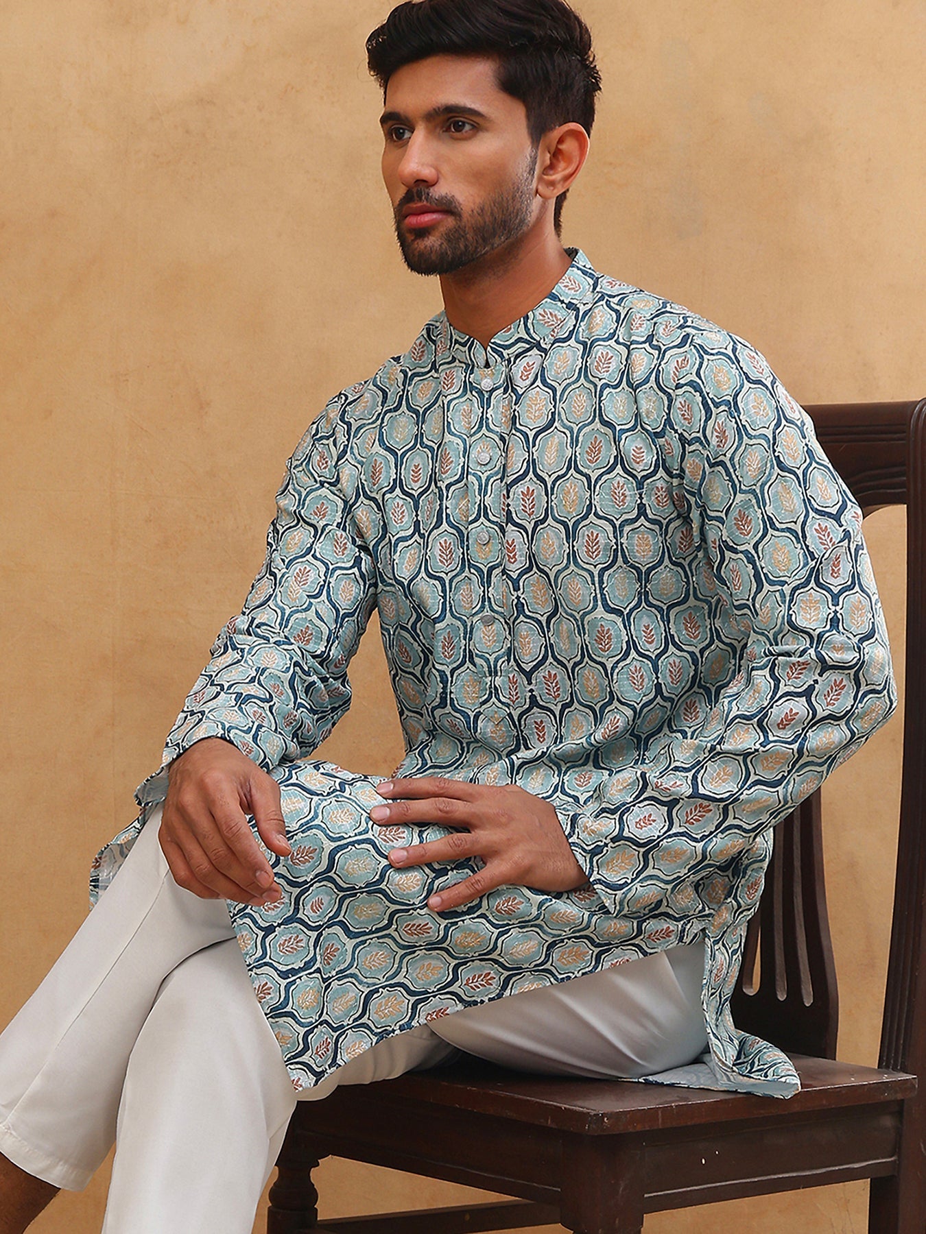 Printed Cotton Blend Kurta with Thread Work (65KO 5416 Blue ) [FF] [J-1]