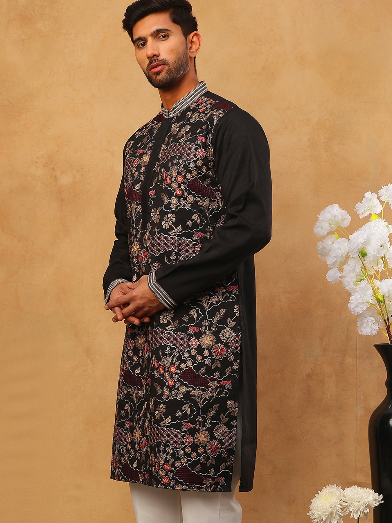Premium Silk Blend Embroidered Kurta (65KO 5418 Black ) [FF] [B-12]