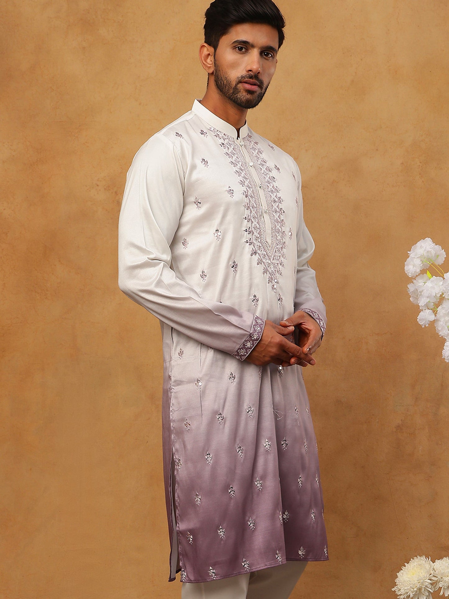Festive Wear Silk Blend Embroidered Kurta (65KO 5420 White ) [FF] [B-1]