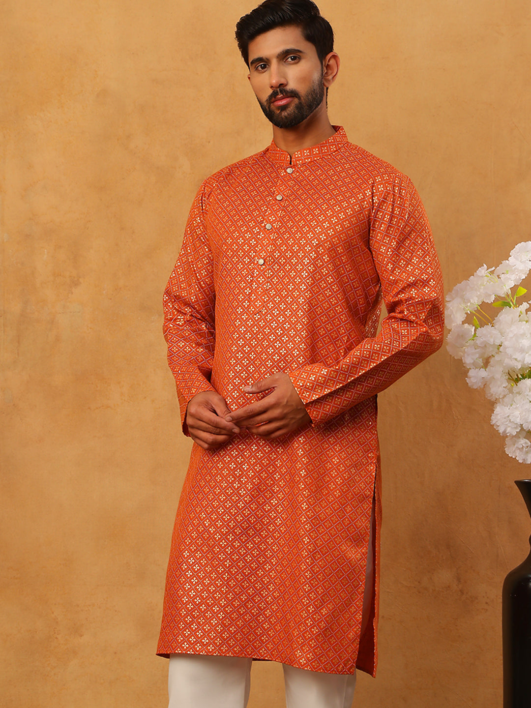 Festive Cotton Blend Printed Kurta (65KO 5421 Orange ) [FF] [P-11-10]