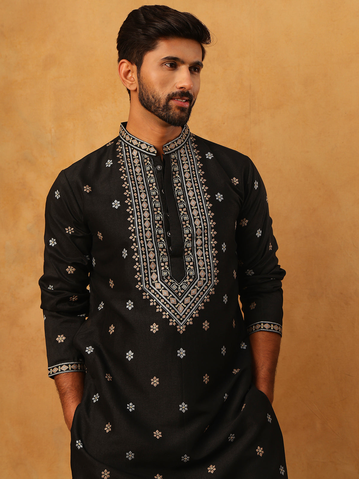 Ethnic Silk Blend Foil Print Kurta (65KO 5422 Black ) [FF] [J-1]