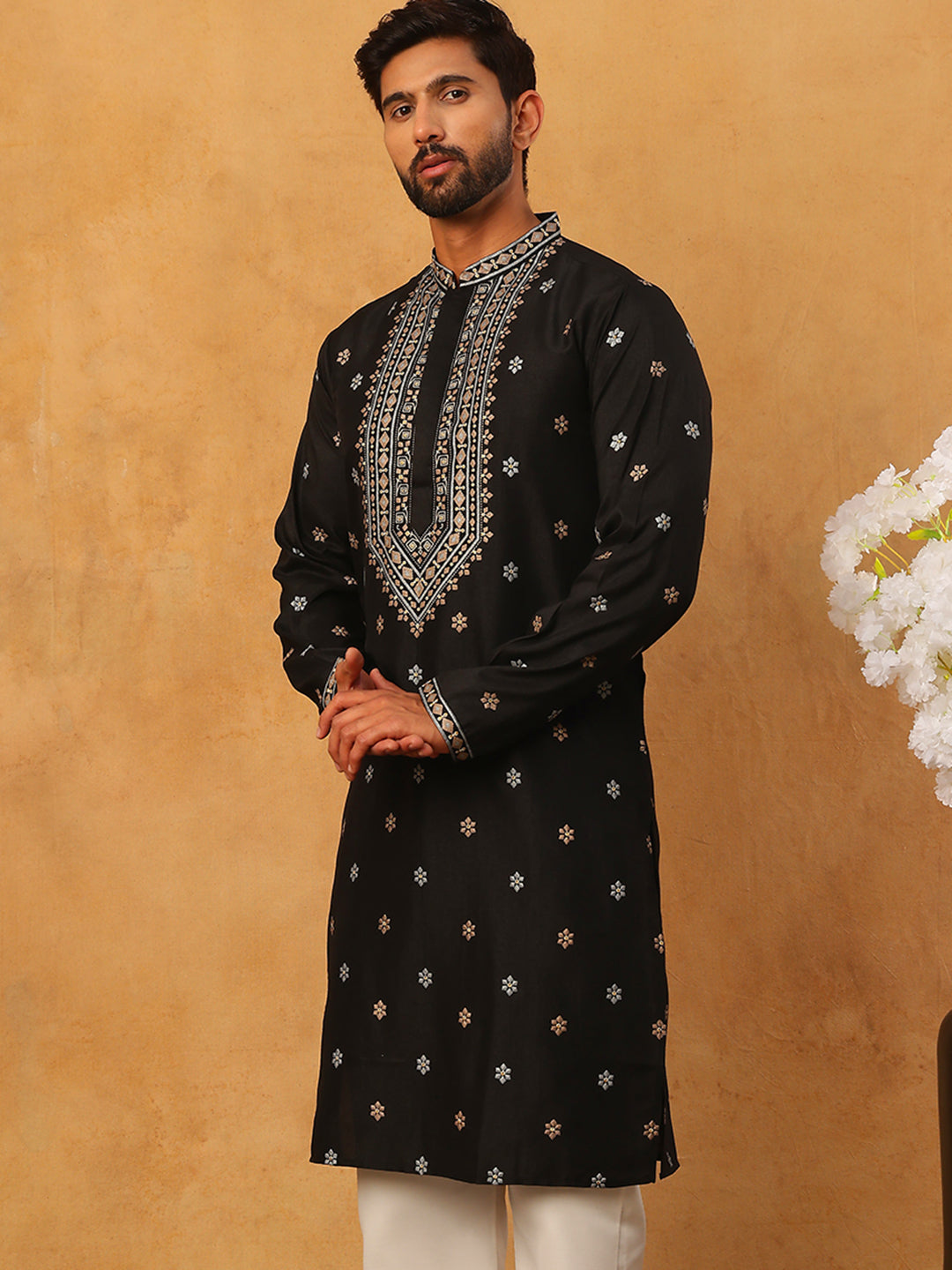 Ethnic Silk Blend Foil Print Kurta (65KO 5422 Black ) [FF] [J-1]