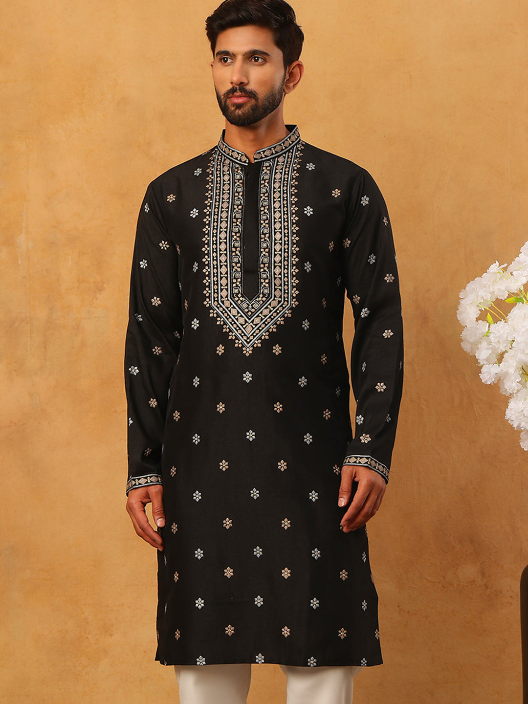 Ethnic Silk Blend Foil Print Kurta (65KO 5422 Black ) [FF] [J-1]