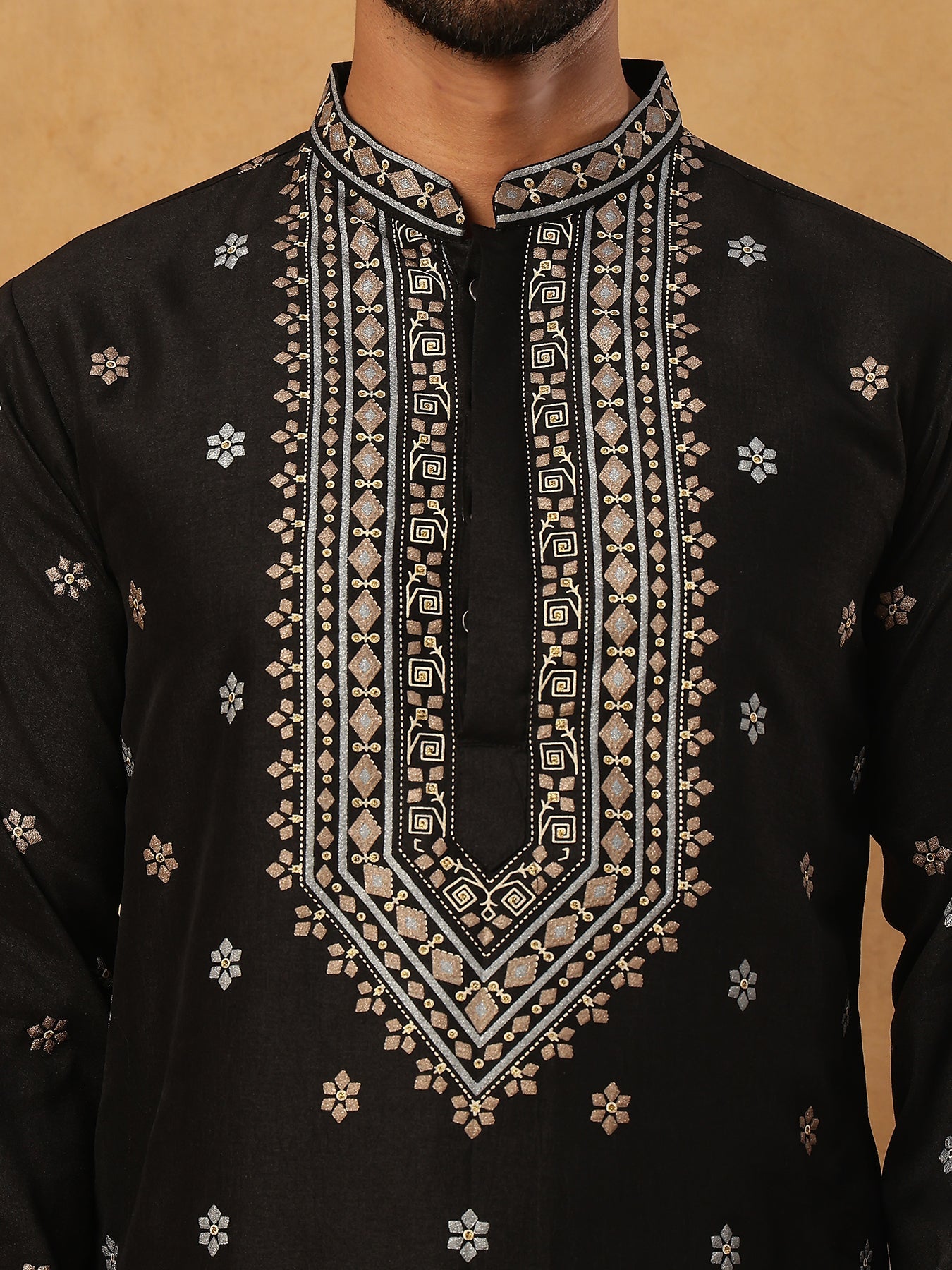 Ethnic Silk Blend Foil Print Kurta (65KO 5422 Black ) [FF] [J-1]