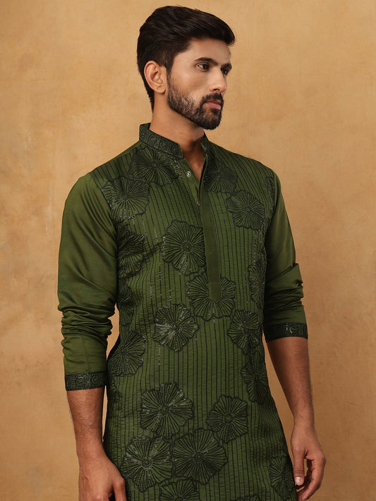 Silk Blend Embroidered Kurta (65KO 5423 Olive ) [FF] [Q-11-14]