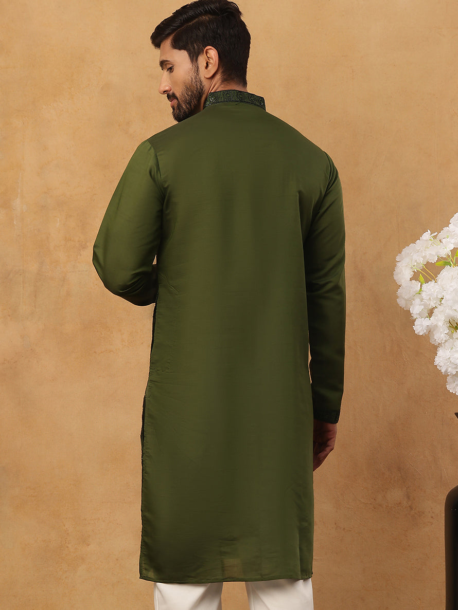 Silk Blend Embroidered Kurta (65KO 5423 Olive ) [FF] [Q-11-14]
