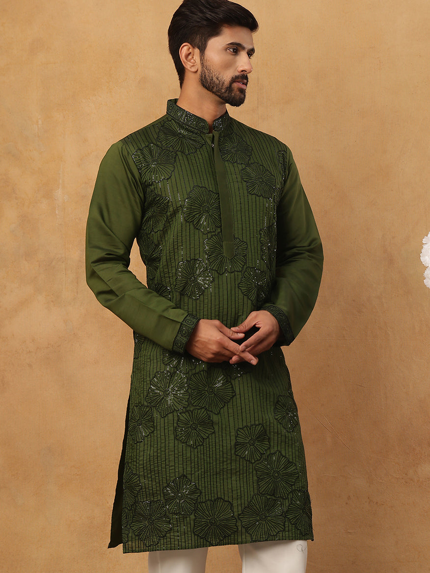 Silk Blend Embroidered Kurta (65KO 5423 Olive ) [FF] [Q-11-14]