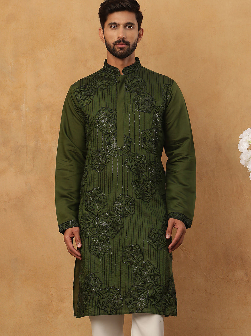 Silk Blend Embroidered Kurta (65KO 5423 Olive ) [FF] [Q-11-14]