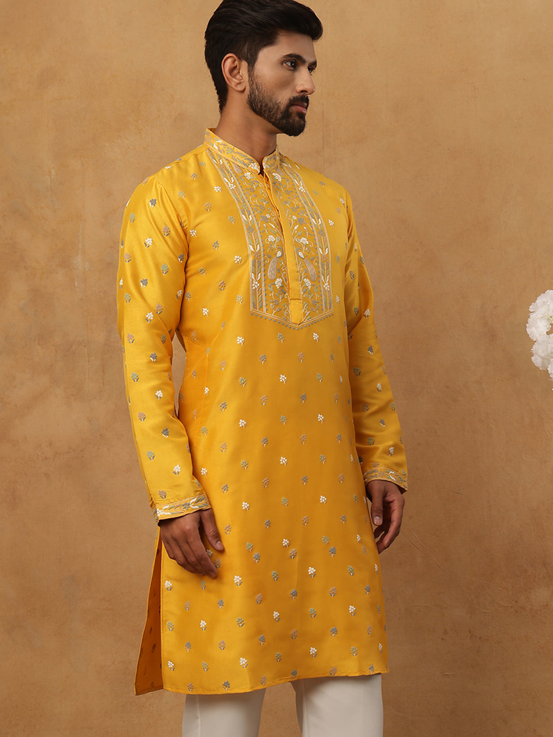 Men’s Festive Rubber Print Kurta (65KO 5424 Mustard ) [FF] [J-1]