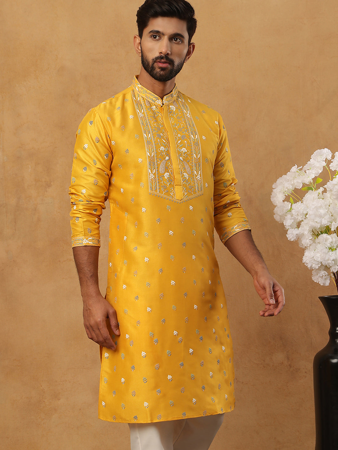 Men’s Festive Rubber Print Kurta (65KO 5424 Mustard ) [FF] [J-1]