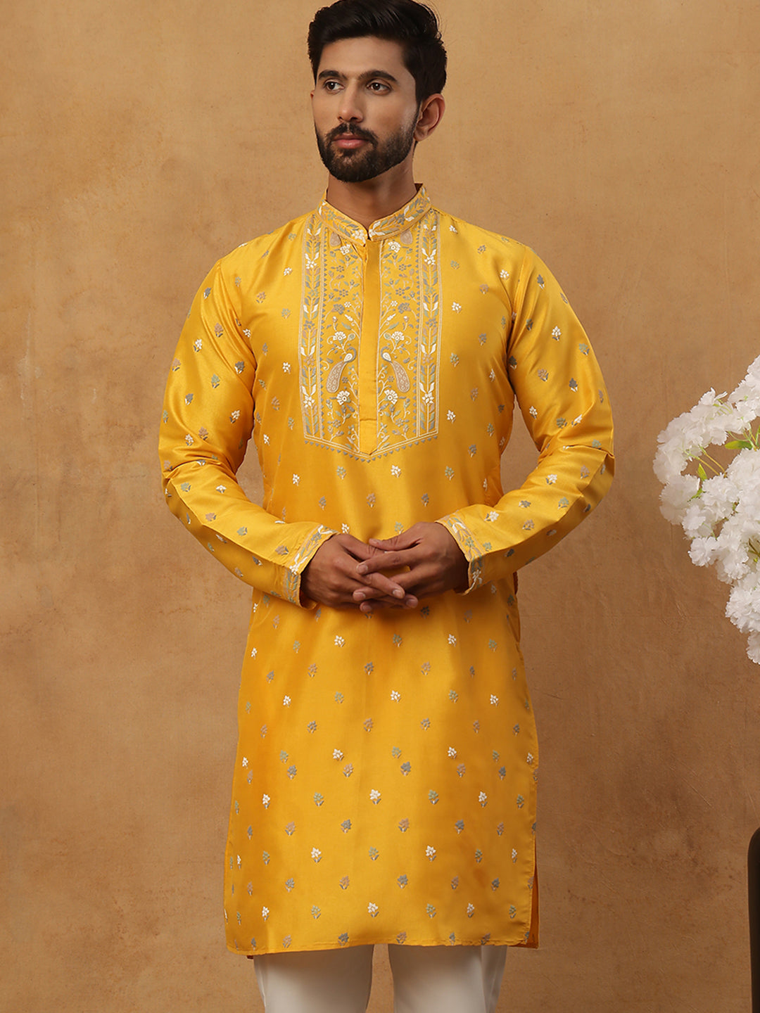 Men’s Festive Rubber Print Kurta (65KO 5424 Mustard ) [FF] [J-1]